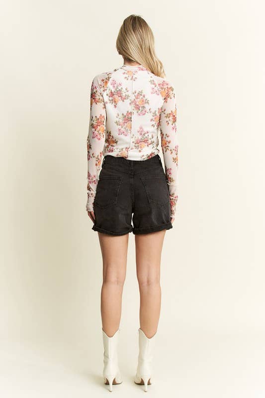 Mockneck Long Sleeve Floral Print Mesh Top