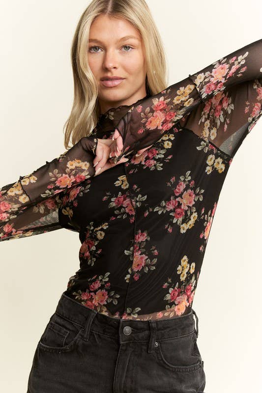 Mockneck Long Sleeve Floral Print Mesh Top