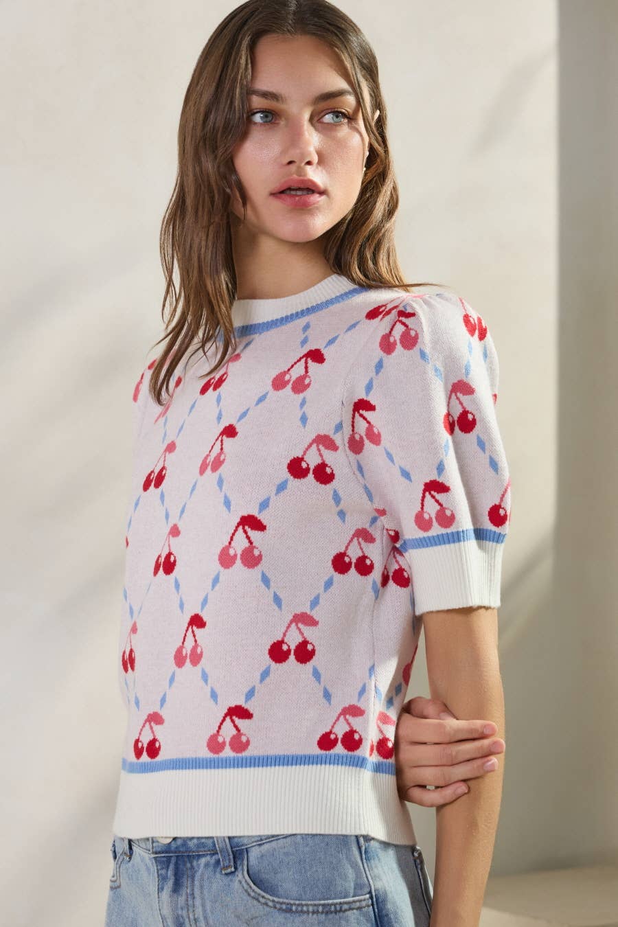Cherry Argyle Patterned Sweater Top