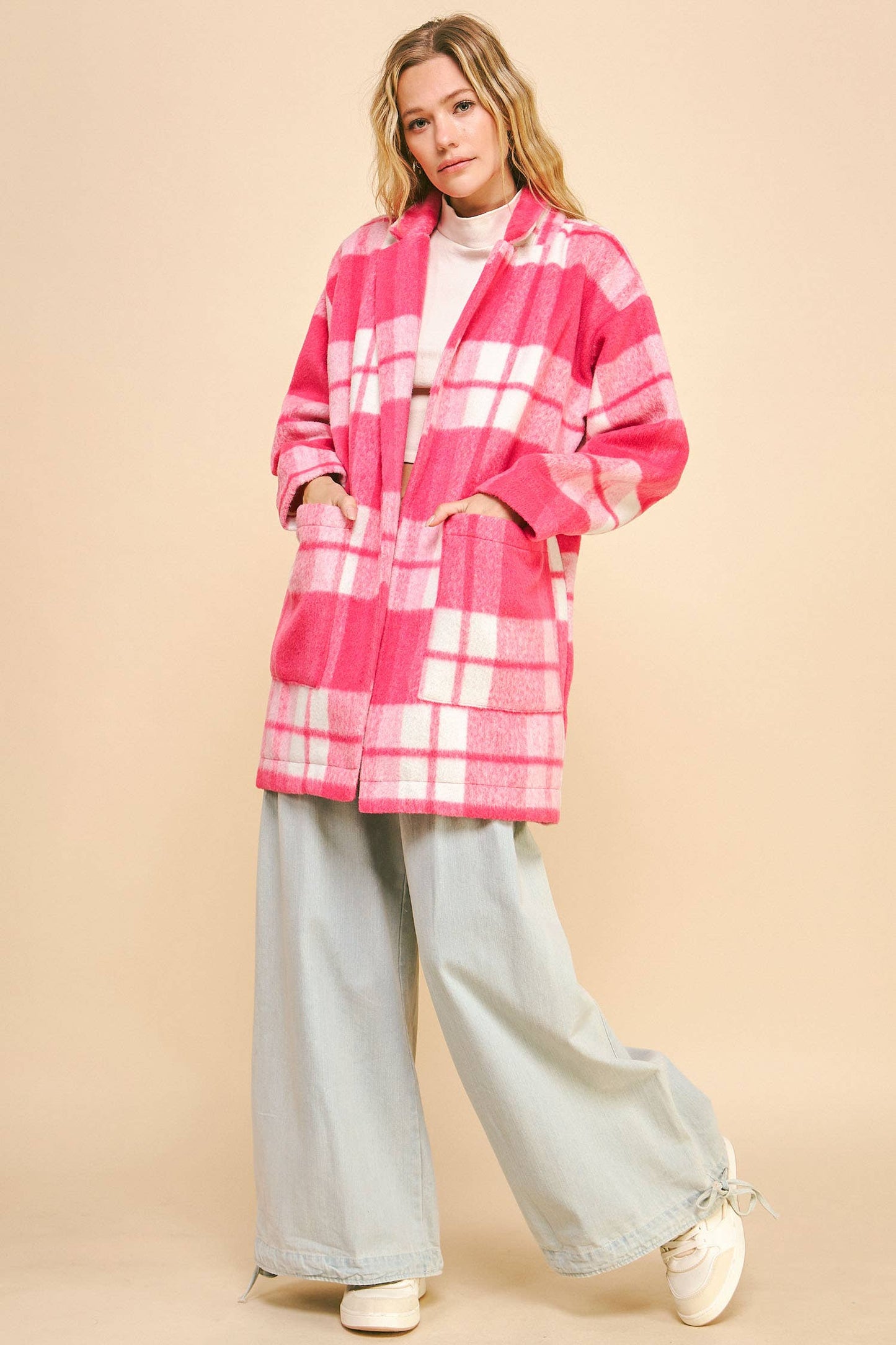 Fuzzy Checker Midi Open Coat