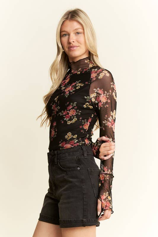 Mockneck Long Sleeve Floral Print Mesh Top