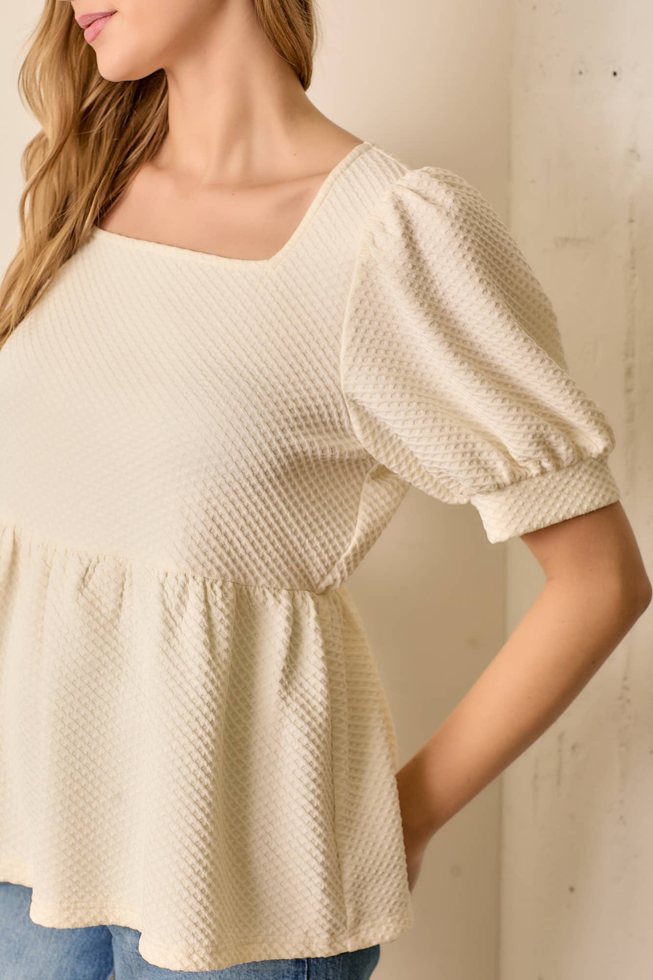 Textured Square Neck Short Sleeve Top