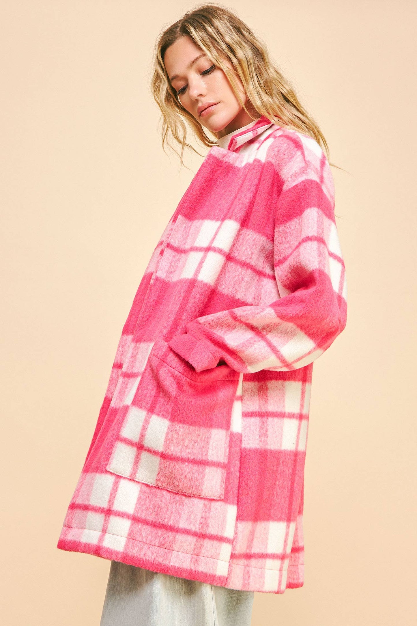 Fuzzy Checker Midi Open Coat