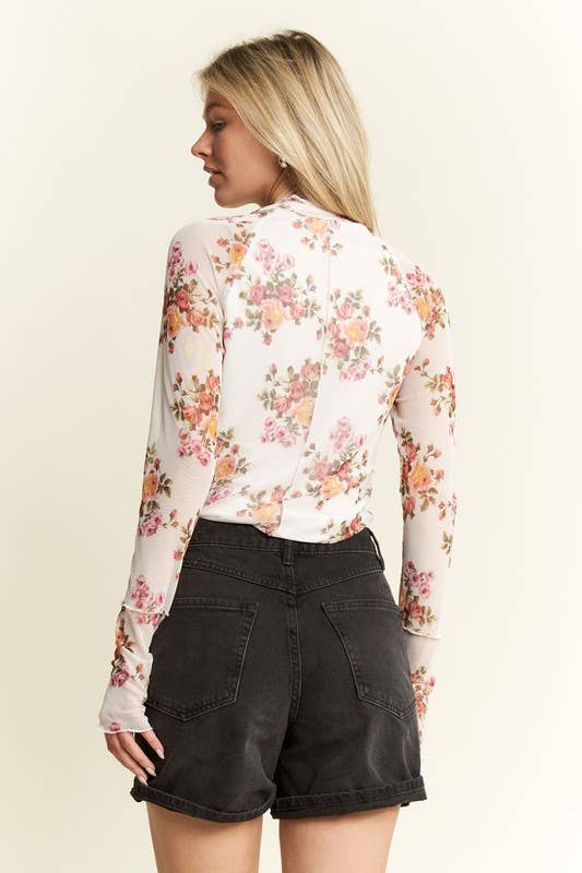 Mockneck Long Sleeve Floral Print Mesh Top