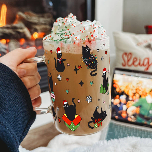 Christmas Cats 17oz Glass Mug With Lid and Straw