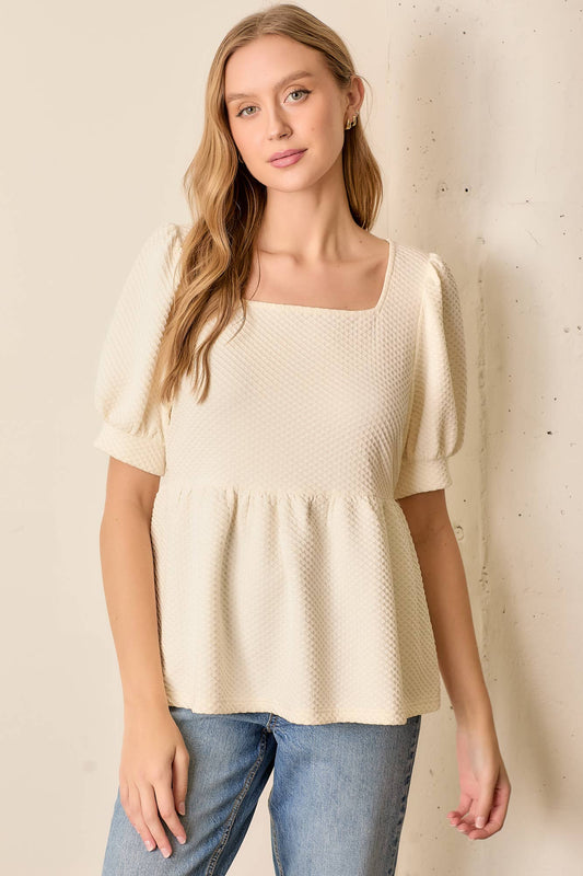 Textured Square Neck Short Sleeve Top