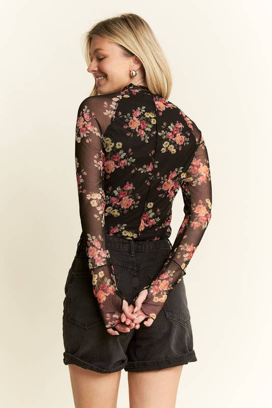 Mockneck Long Sleeve Floral Print Mesh Top