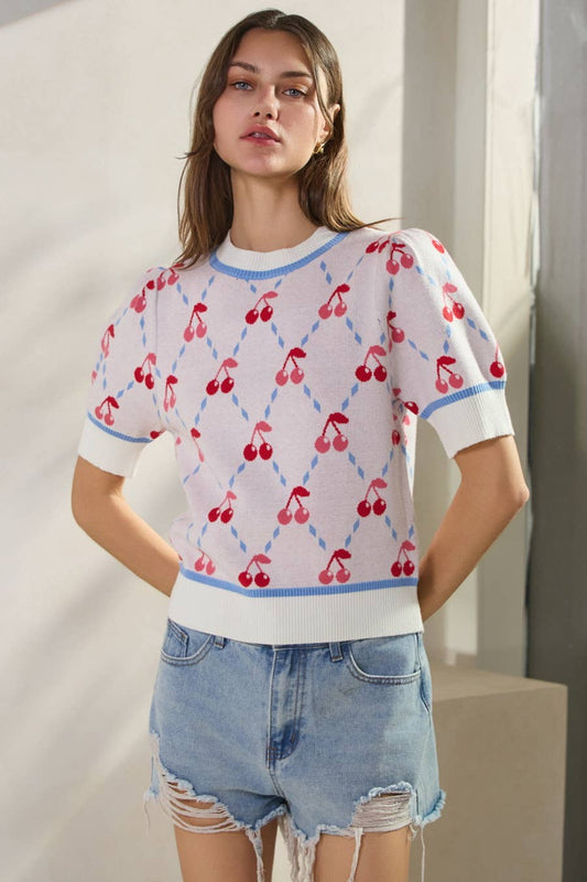 Cherry Argyle Patterned Sweater Top