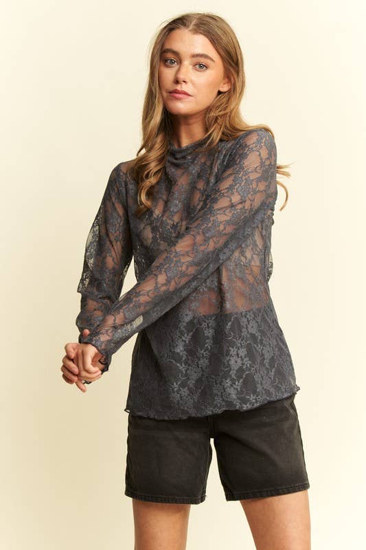 Floral Print Lace Long Sleeves Top