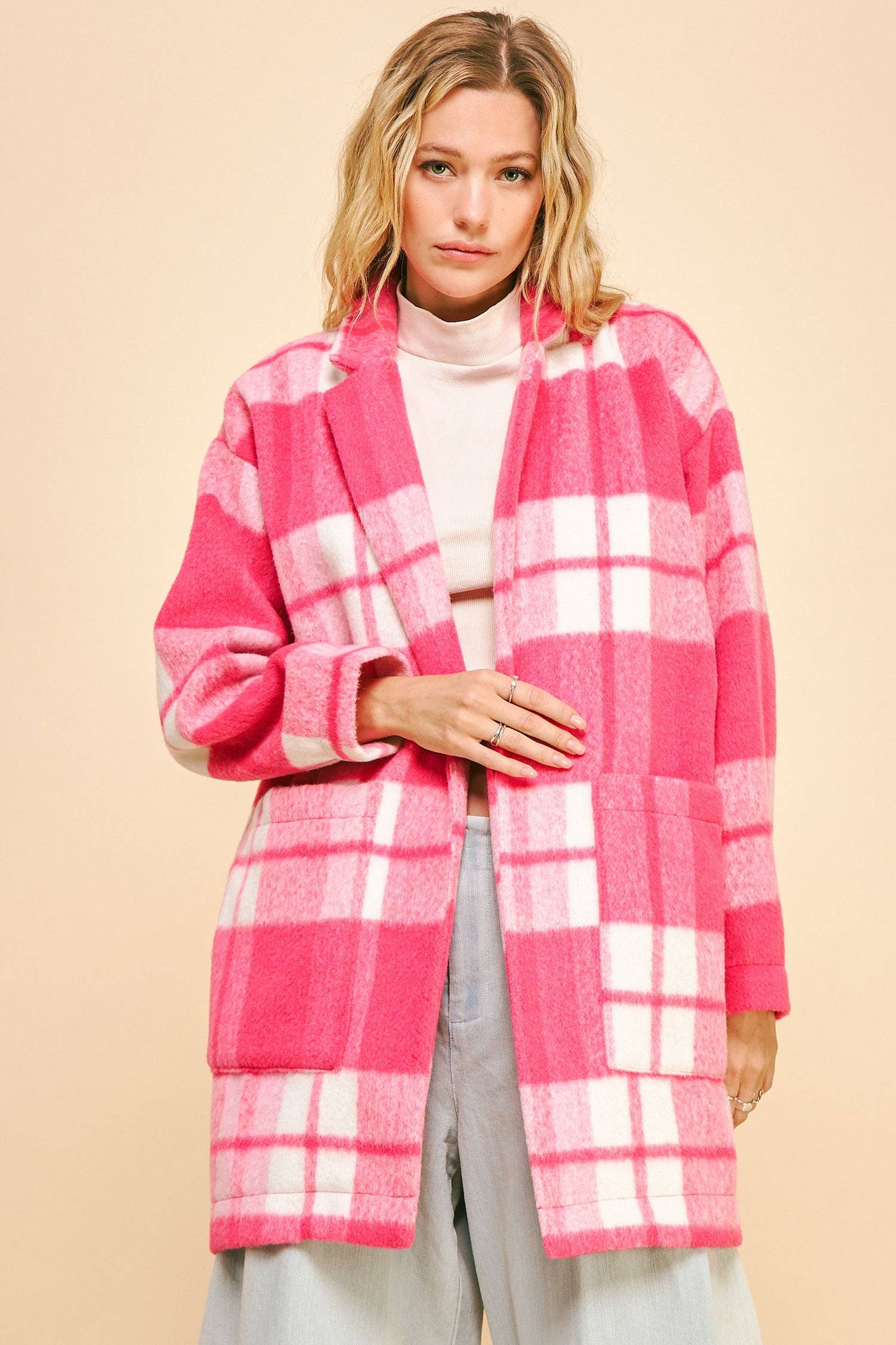 Fuzzy Checker Midi Open Coat