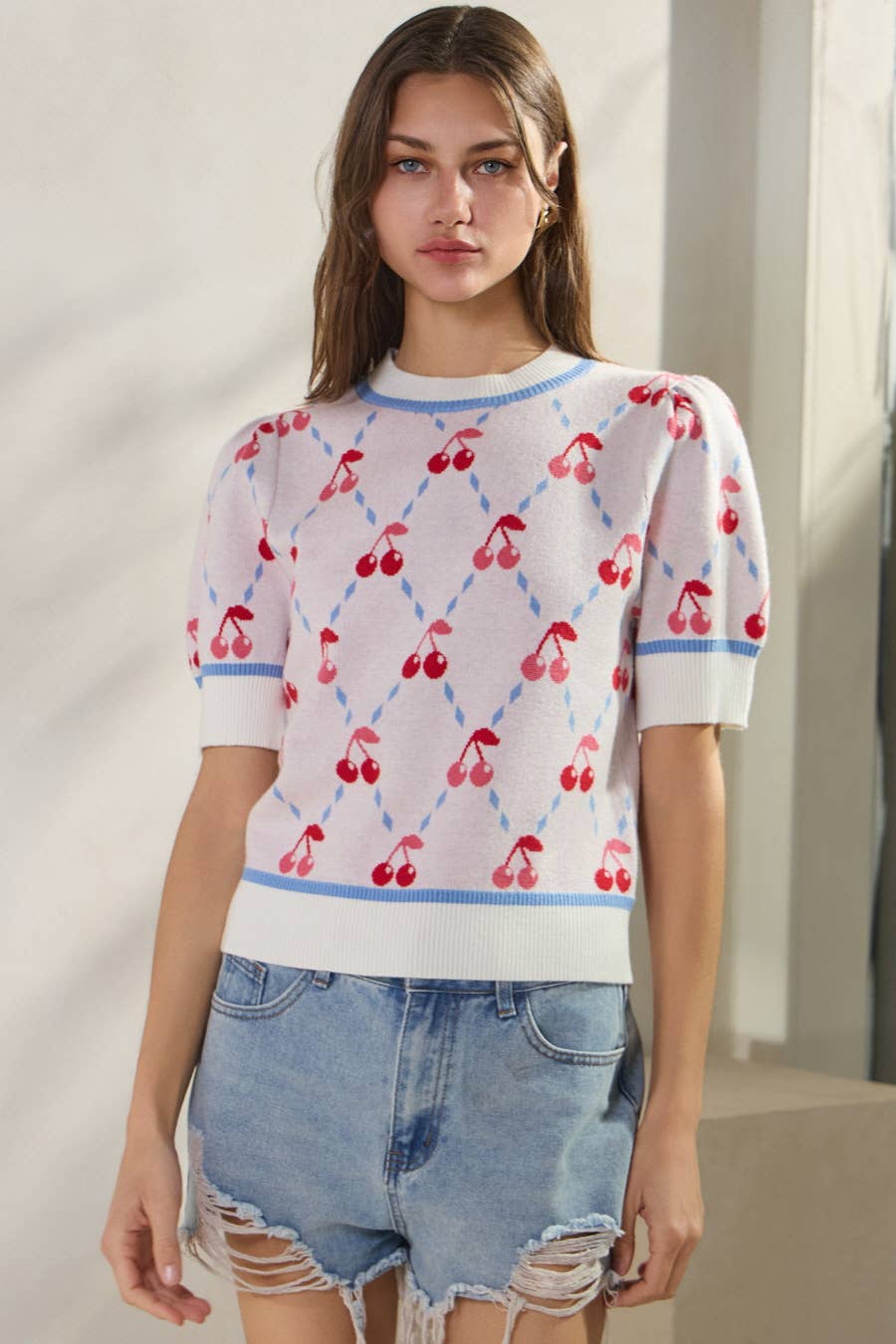 Cherry Argyle Patterned Sweater Top