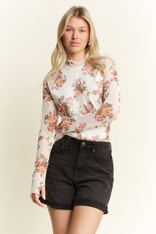 Mockneck Long Sleeve Floral Print Mesh Top