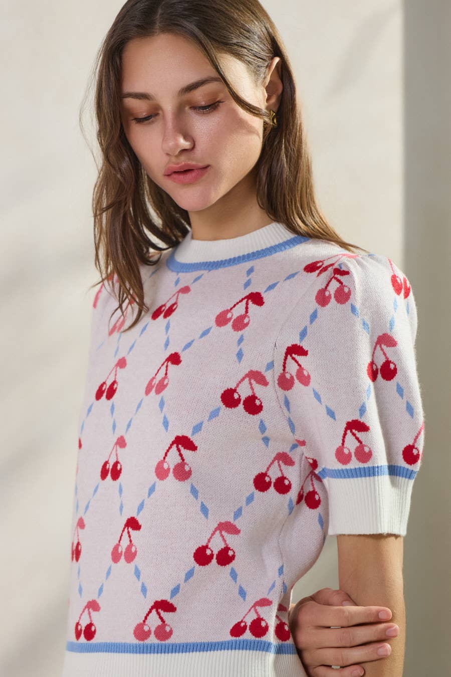 Plus Cherry Argyle Patterned Sweater Top