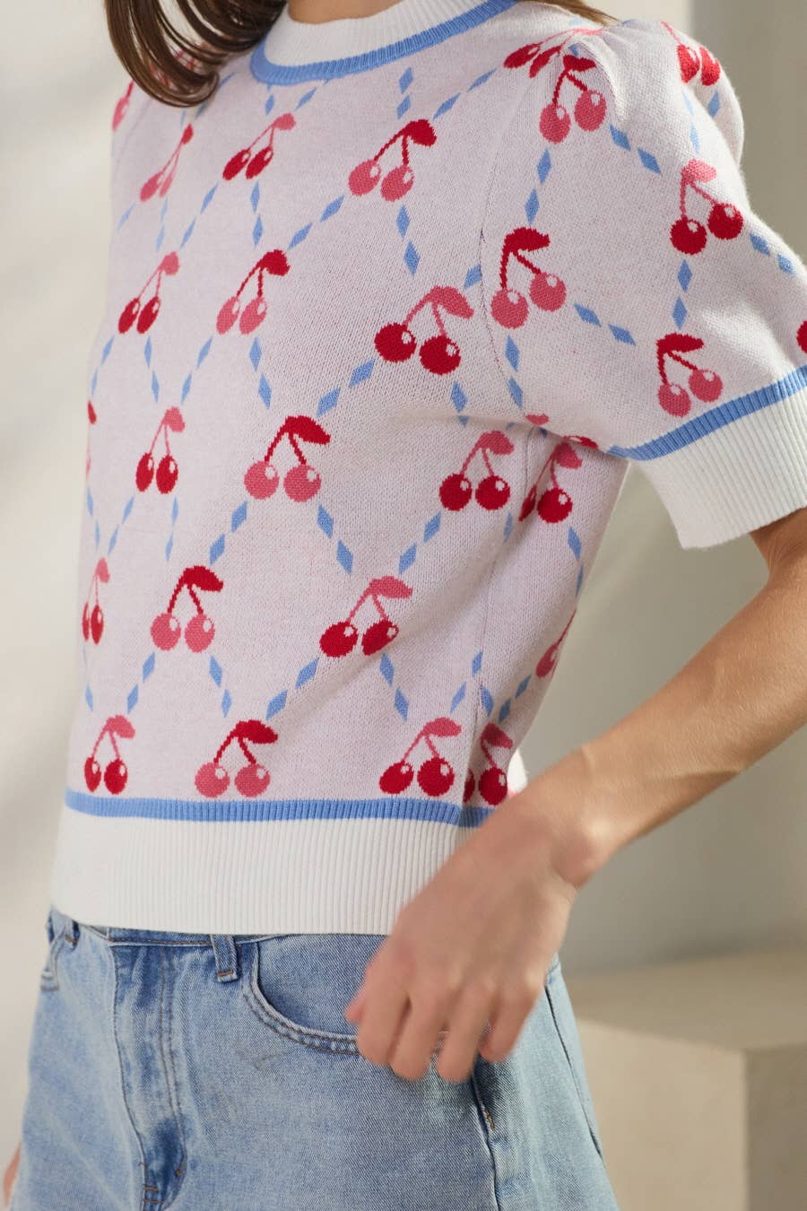 Plus Cherry Argyle Patterned Sweater Top