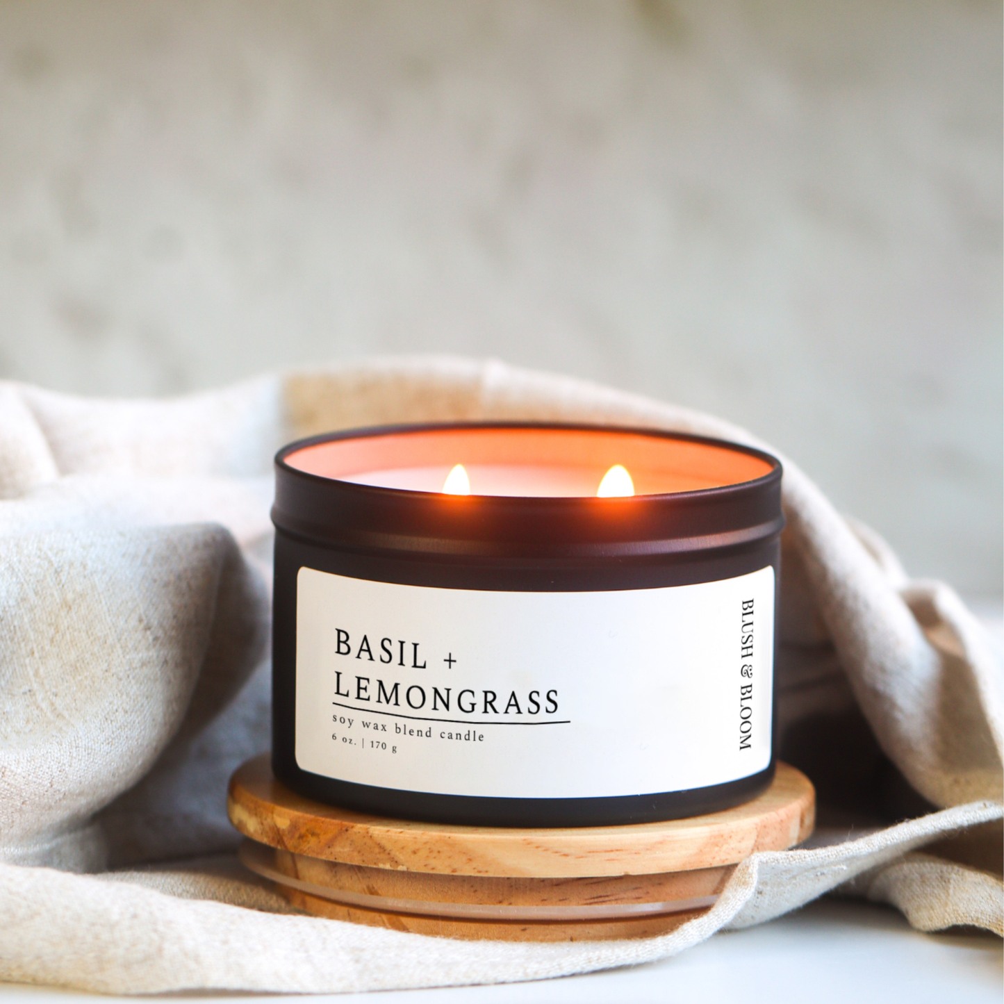 Basil + Lemongrass - 6 oz. Matte Black Soy Candle Tin
