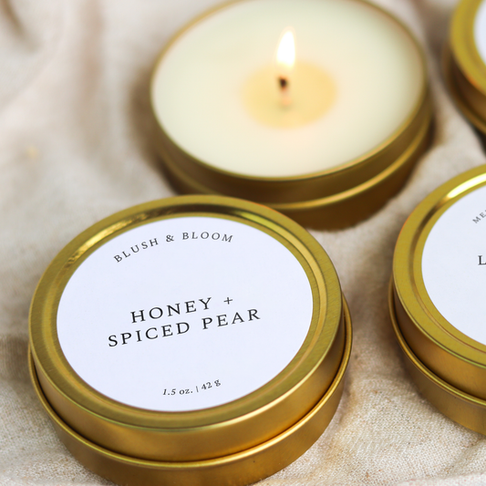 Honey + Spiced Pear - 1.5 oz. Gold Tin Soy Candle