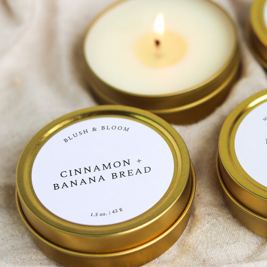 Cinnamon + Banana Bread - 1.5 oz. Gold Tin Soy Candle