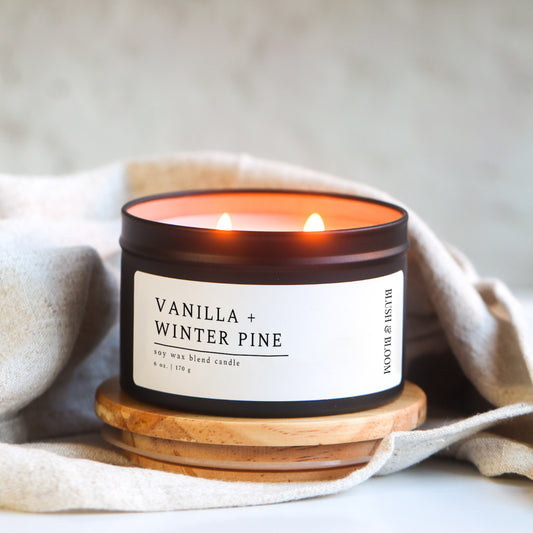 Vanilla + Winter Pine - 6 oz. Matte Black Soy Candle Tin