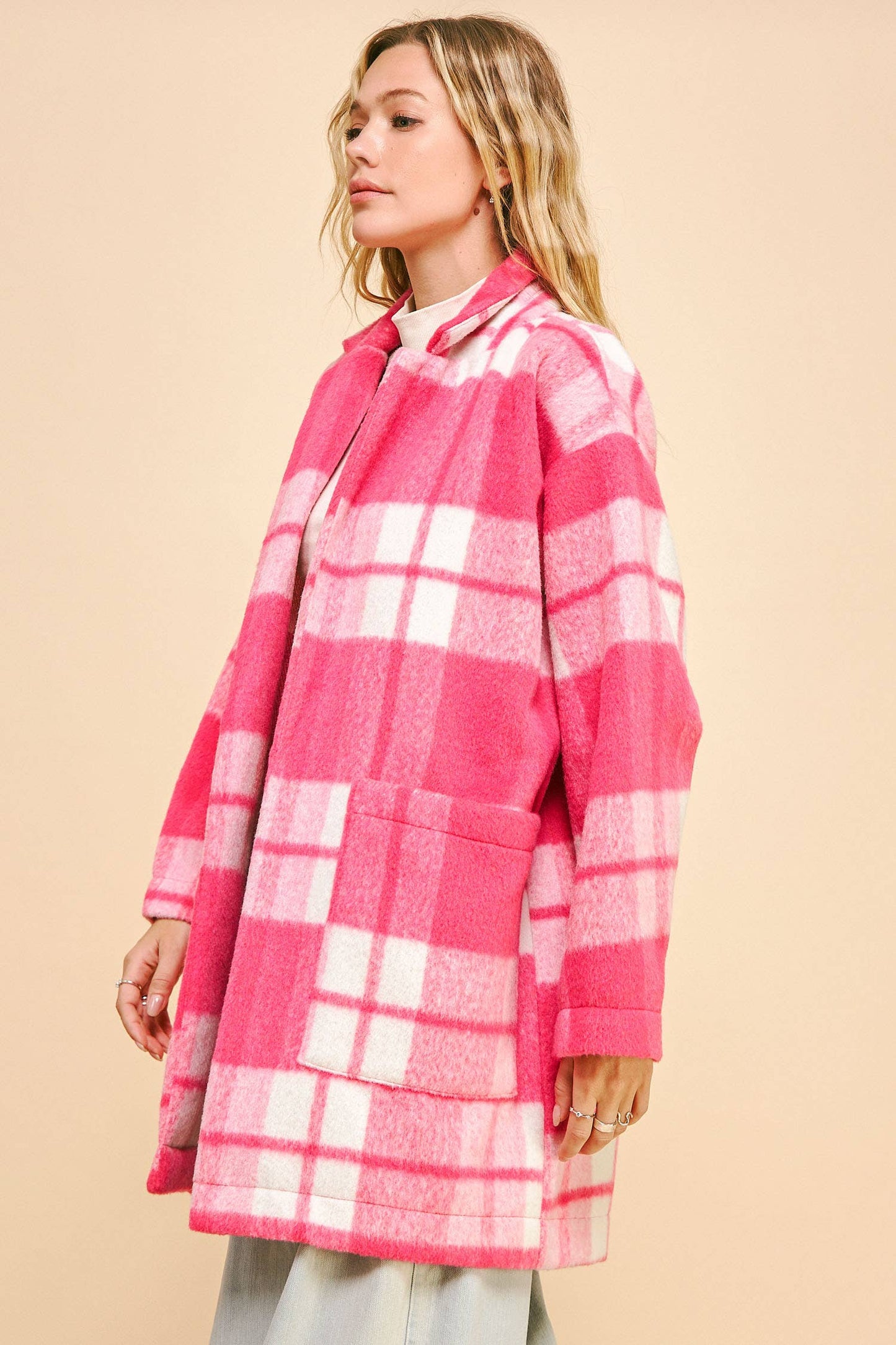 Fuzzy Checker Midi Open Coat