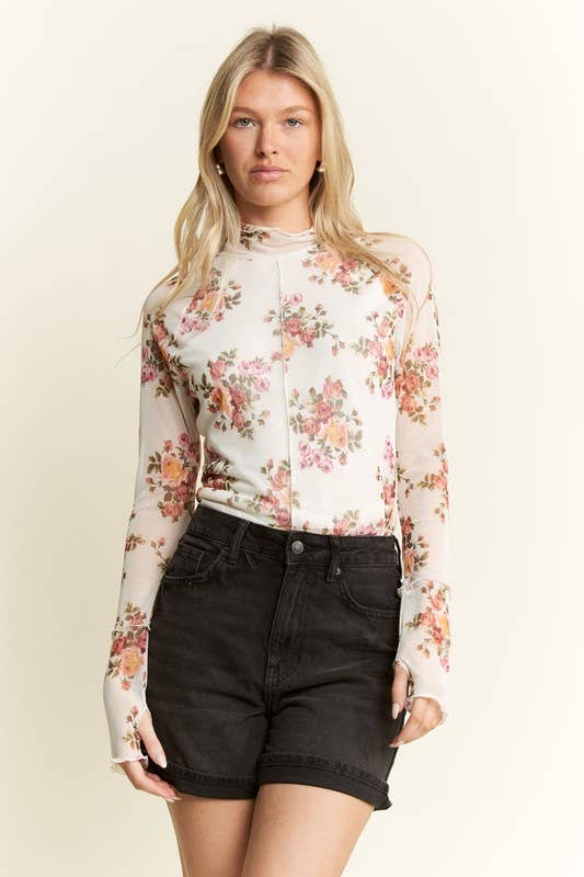 Mockneck Long Sleeve Floral Print Mesh Top