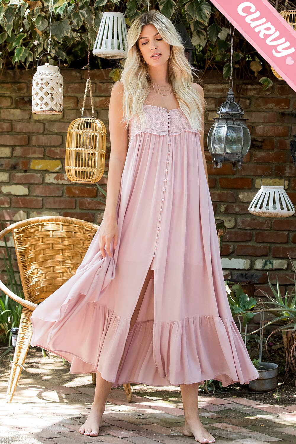 PLUS SIZE SMOCKED BUTTON-DOWN MAXI DRESS