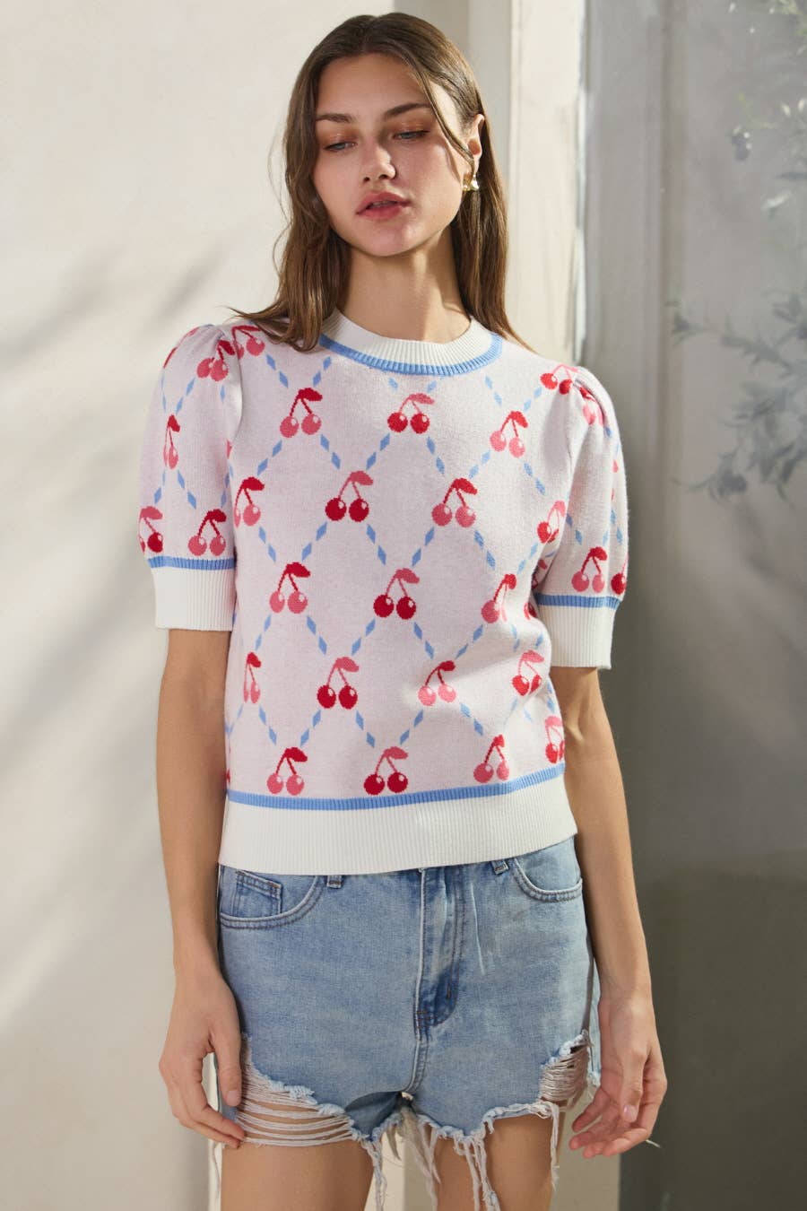Plus Cherry Argyle Patterned Sweater Top