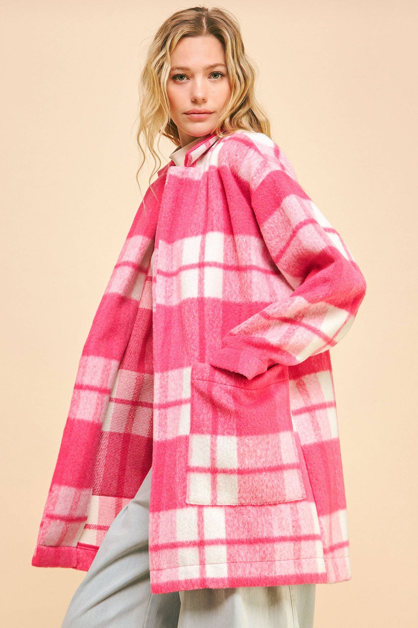 Fuzzy Checker Midi Open Coat