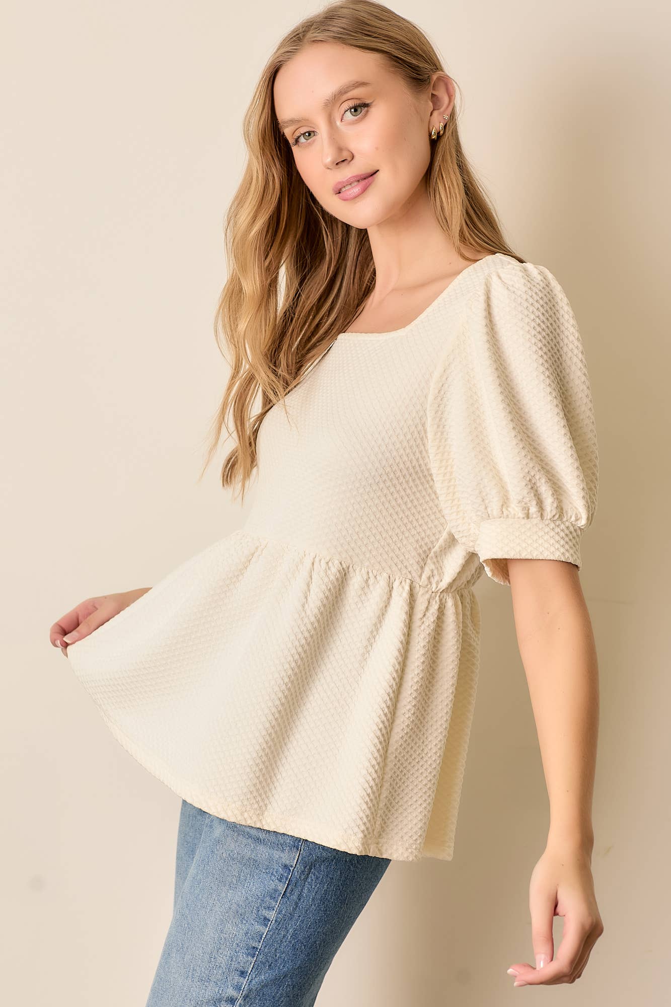 Textured Square Neck Short Sleeve Top
