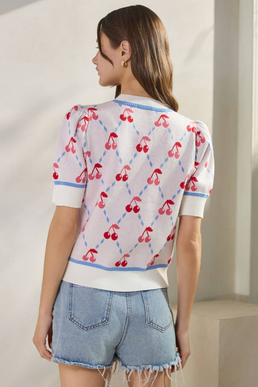 Cherry Argyle Patterned Sweater Top